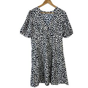 Uniqlo Black Ivory Mini Dress Size Lrg Printed Short Sleeve Summer Flowy Flirty